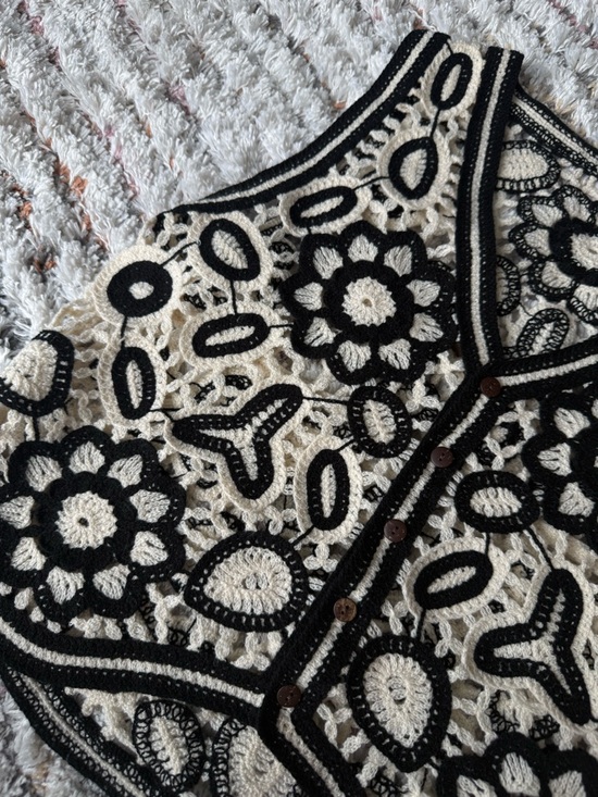 Rebellion Tops - Black and Cream Crochet Vest with Floral Motif